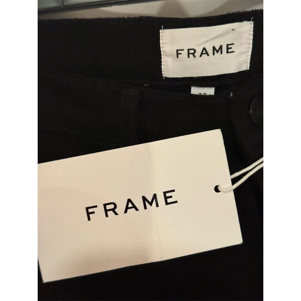 FRAME The Straight Baggy Jeans Womens Size 32 Black Wide-Leg Raw Hem